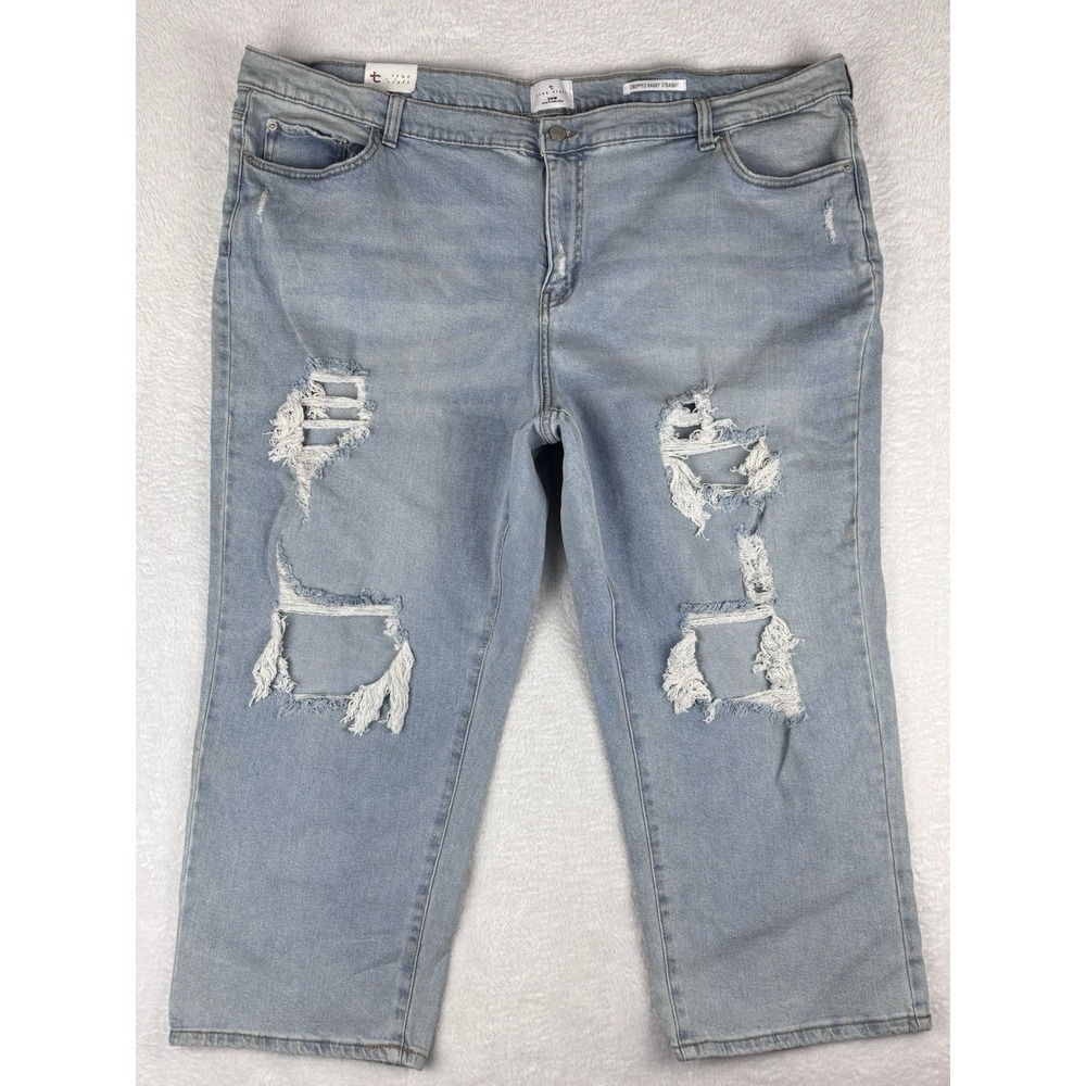 True Craft Womens 24W Cropped Baggy Straight High Rise Jeans Blue Distressed NWT